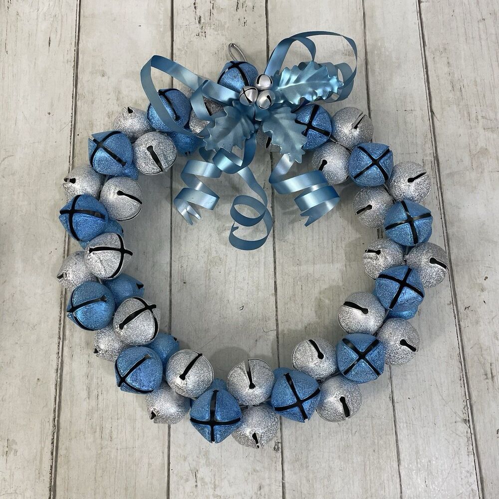 Vintage Silver & Blue Door Glitter Wreath Sleigh Jingle Bells 12 Inch